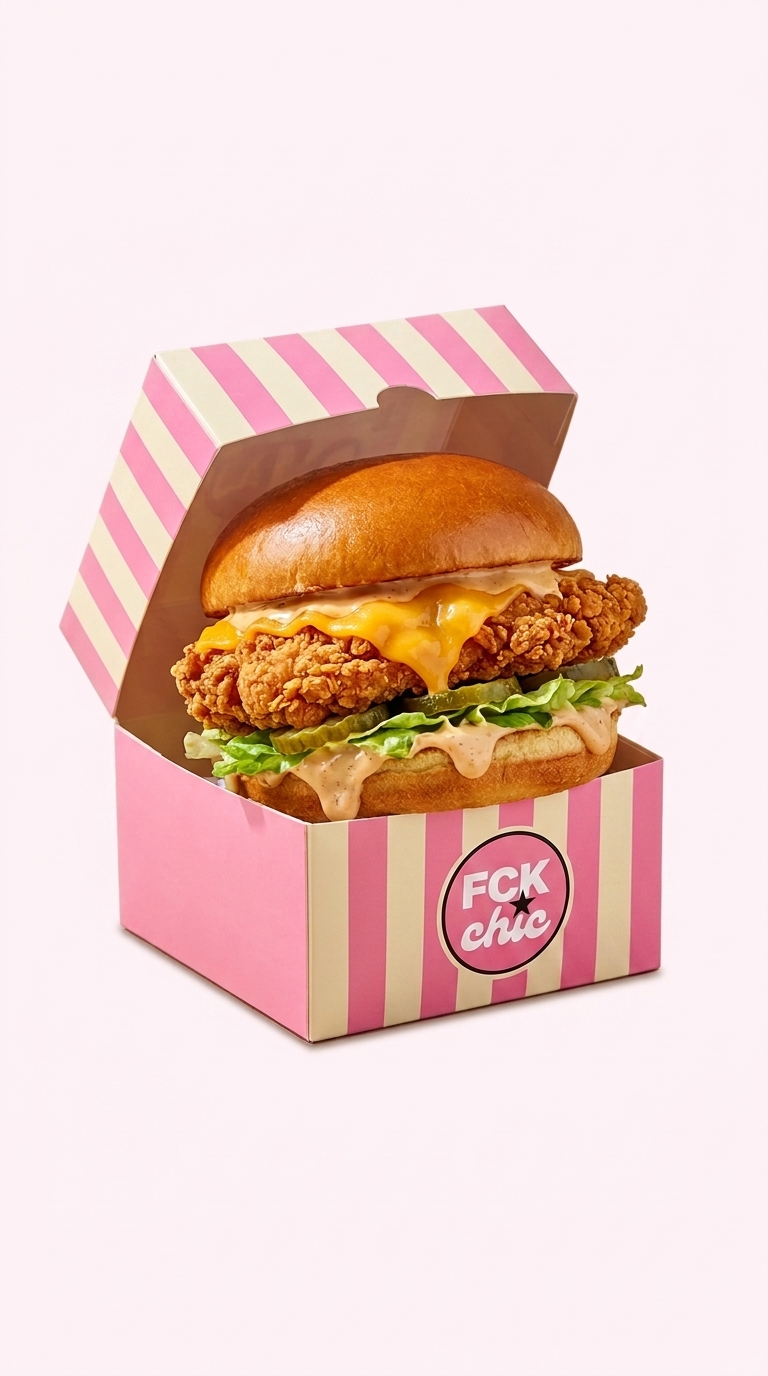 Todd's Big Ego Burger in pink striped packaging